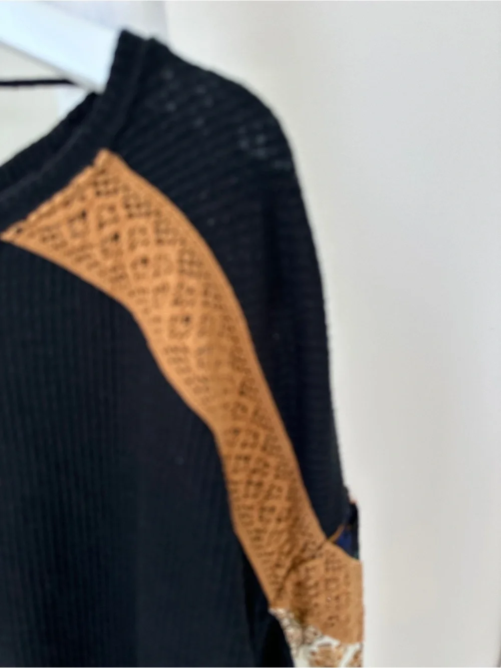 Free People Black Waffle Knit Shirt with Gold Paisley Balloon Sleeves Size L
